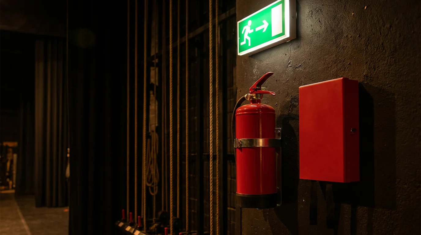Feuerlöscher und Brandschutzausrüstung an einer Wand hinter der Bühne