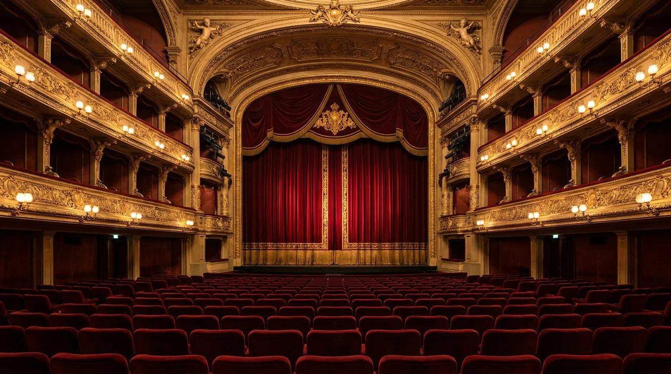 Leerer Theatersaal mit Bühne und Zuschauerraum vor der Vorstellung in Berlin